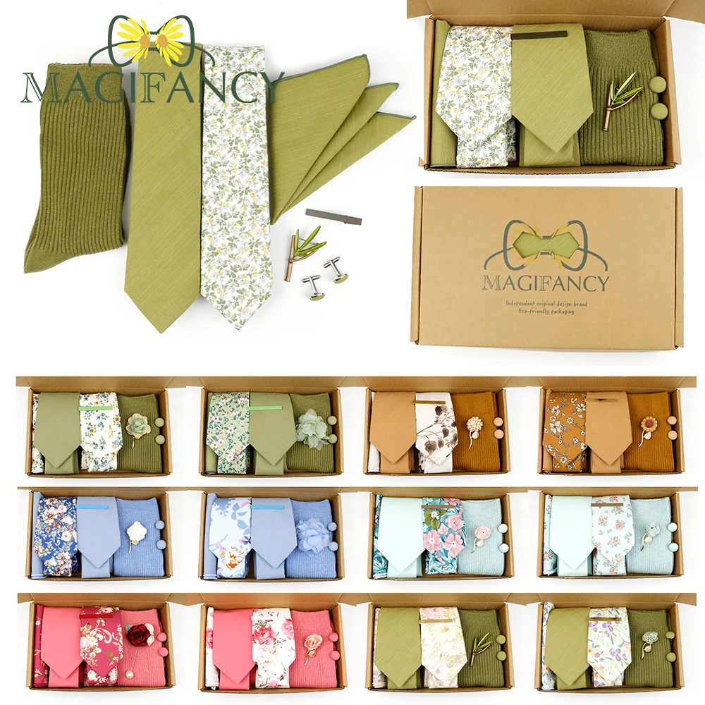 

MAGIFANCY No.05～11 Solid&Floral 7 PCS Cotton Tie Socks Set Gift Box Hanky Clip Pin Cufflinks Men Wedding Cravat Top Accessory