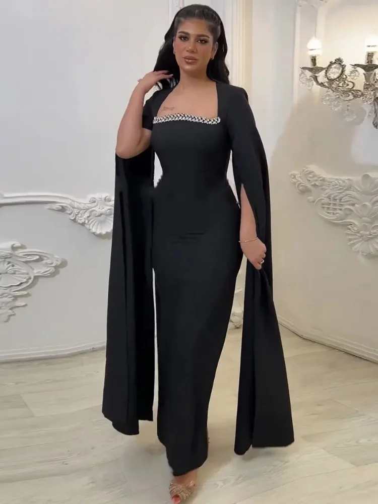 2025 New Dubai Turkish Solid Luxury Diamonds Women Gown Arab African Abayas Super Long Sleeve Evening Party Dress Saudi Clothing