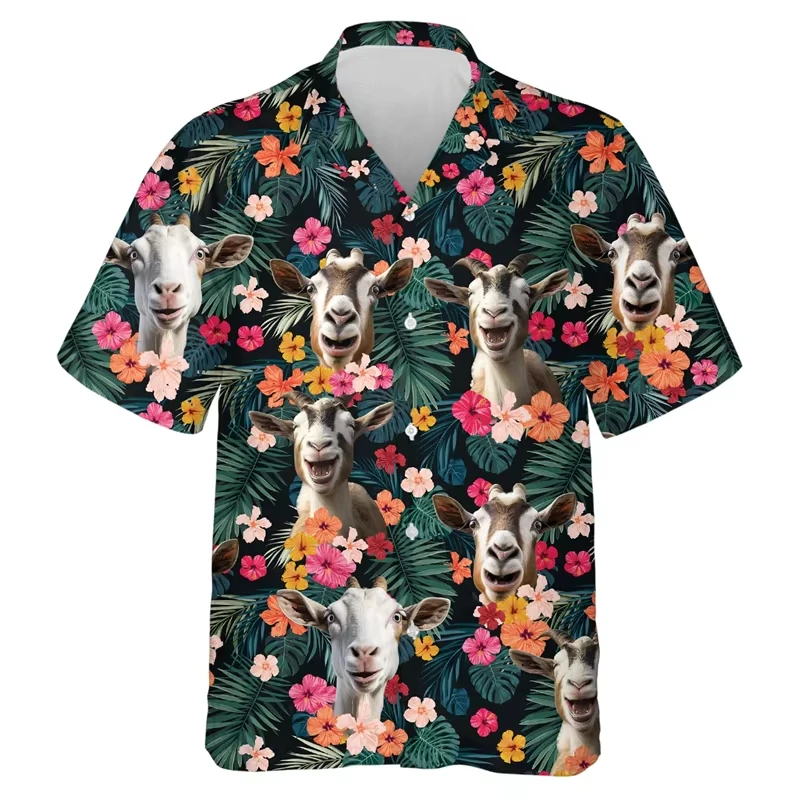

Новая мужская пляжная рубашка с коротким рукавом в стиле Алоха с 3D-принтом: забавные козы и цветы, гавайский стиль