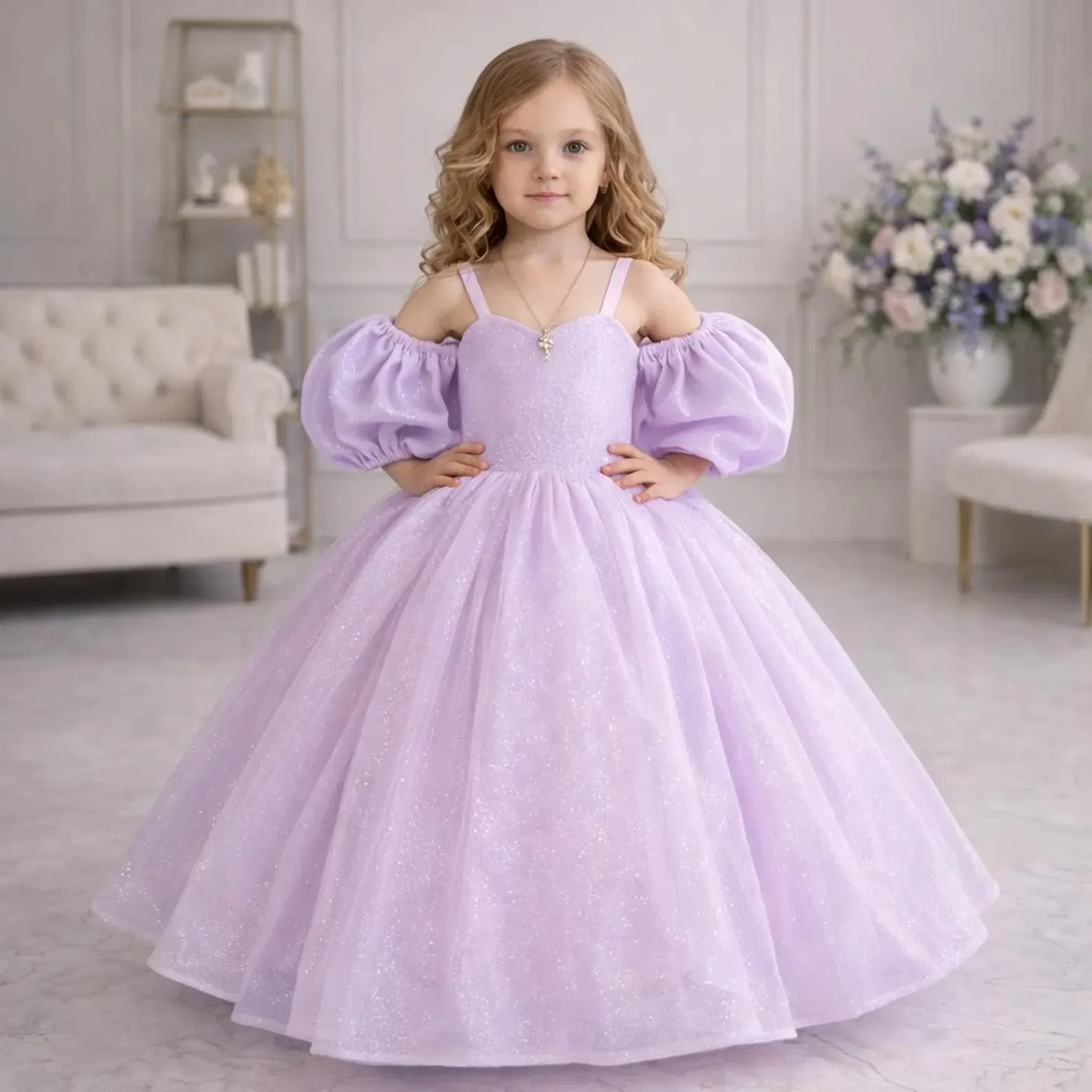 Maßgeschneidertes Kinder-Hochzeitskleid Elegantes Tüll-Pailletten-Blumenmädchenkleid Schulterfreies Puffärmel A-Linien-Kleid Festliches Partykleid