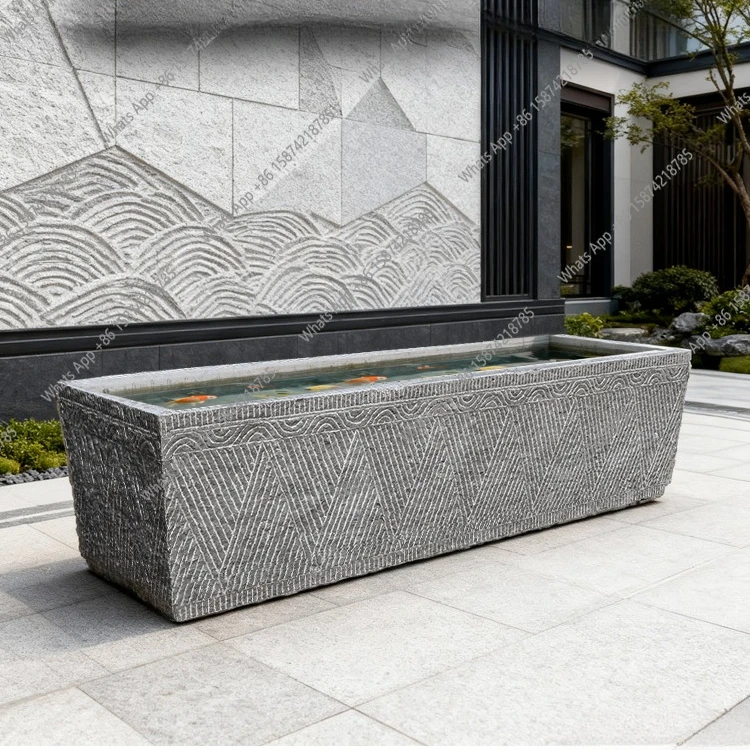 Stone carving fish tank flower pot natural bluestone new Chinese stone groove flowing water landscaping ornament courtyard
