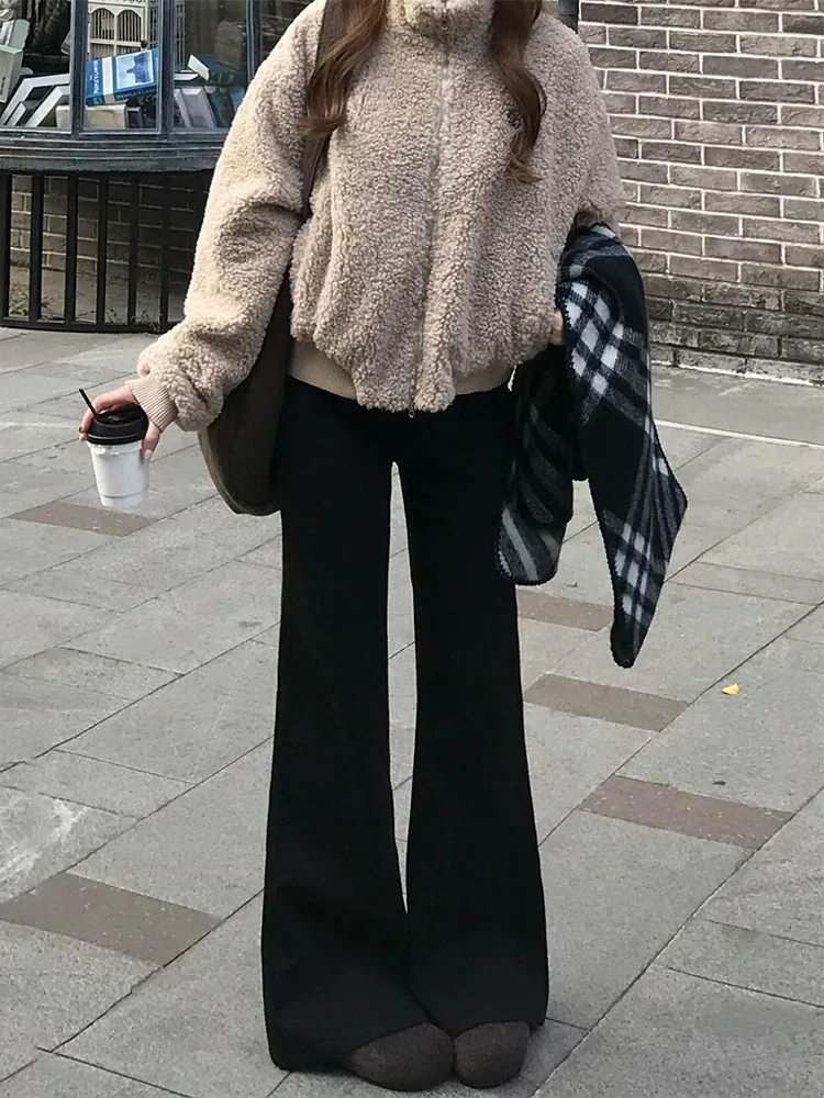 

Женские зимние расклешенные джинсы A-силуэта из утолщенной ткани, свободные, стройнящие, с широкими штанинами, с высокой талией, повседневные, из смесового хлопка