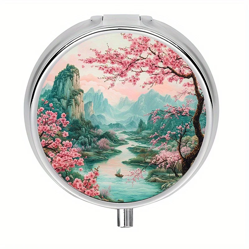 Single pack, flat, three-compartment box, spring floral theme, storage box. This is a decorative metal storage box used for storing medication and vitamins