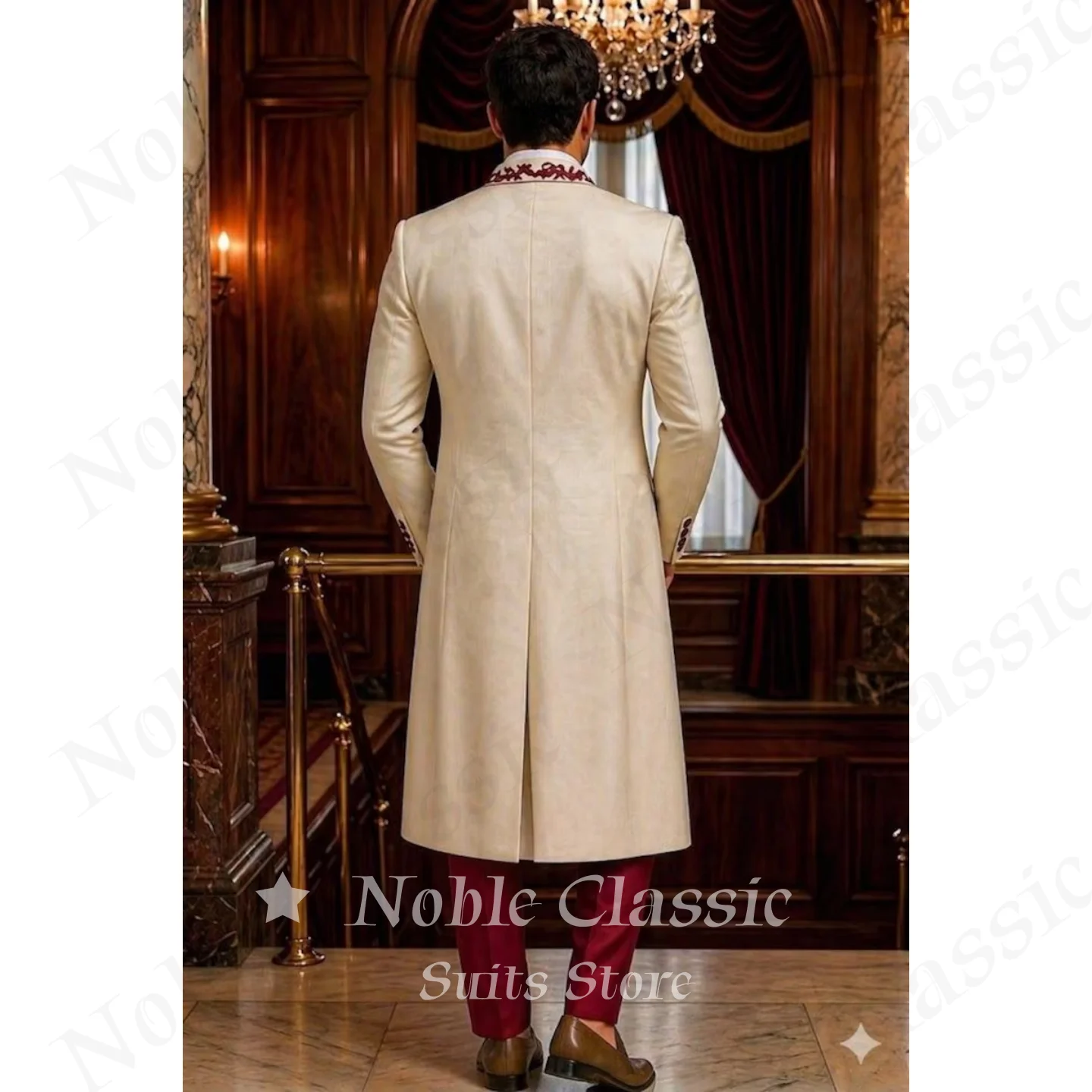 Men 3 Piece Suit Tailcoat Floral Embroidered Shawl Lapel Mid Length Long Coat Waistcoat Pants Wedding Guest Customized