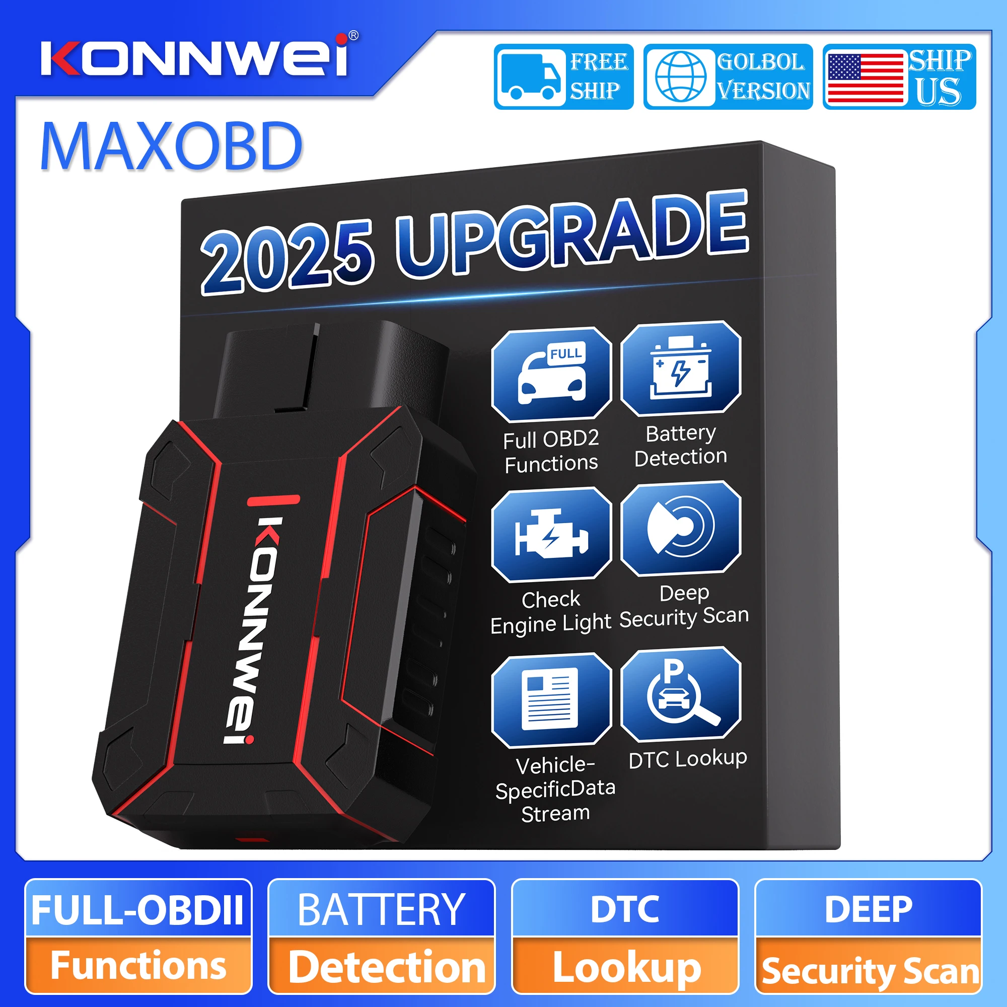 KONNWEI MAXOBD Bluetooth OBD2 Scanner Deep scan Car Diagnostic Tool Code Reader Check Engine Light For 12V Gasoline Vehicles