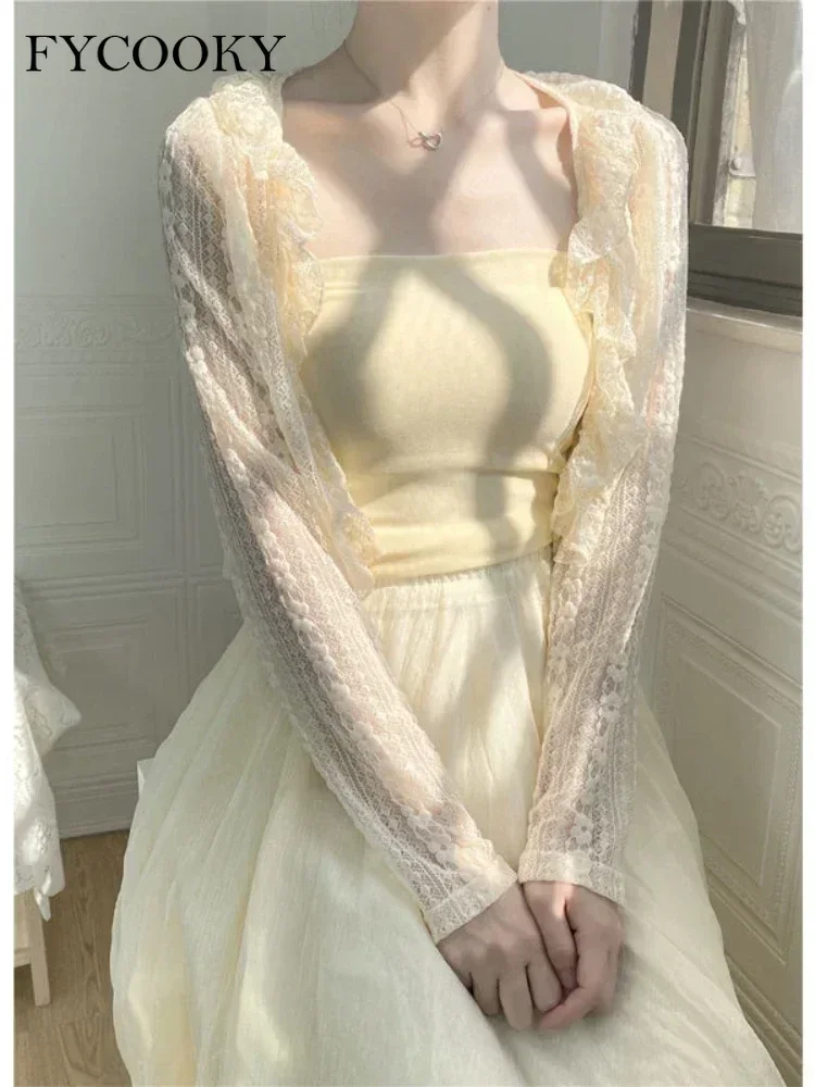 Cárdigan con cinturón de encaje de color albaricoque para mujer, moda coreana, Tops cortos de manga larga con cuello en V, chaqueta de protección solar fina y dulce para mujer