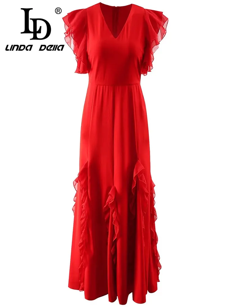 

LD LINDA DELLA Summer New Style Elegant Pretty Dress Women's Red V-Neck Splice Irregularity Draped Travel Long Dress