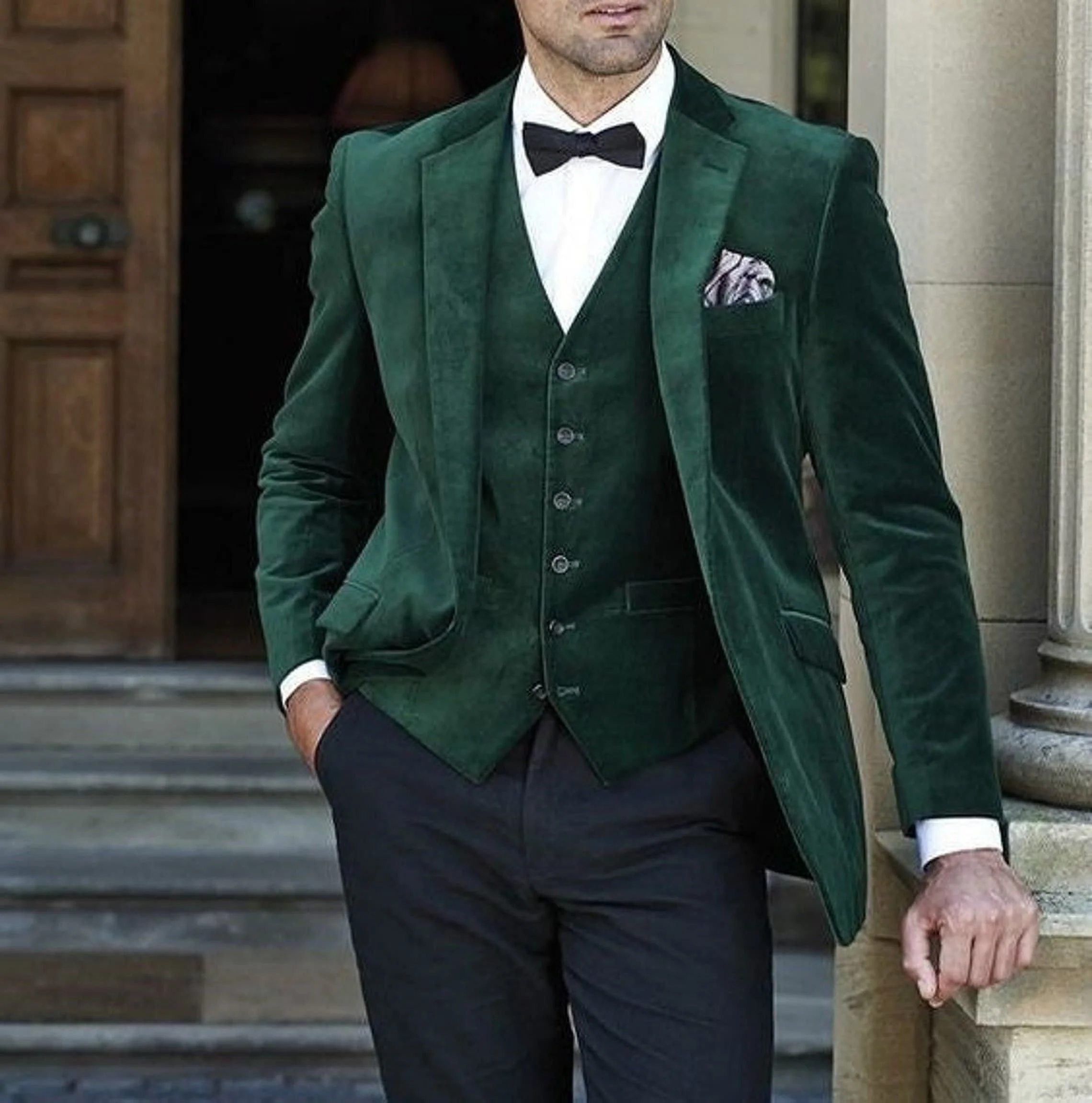 Wedding Party Prom Men Suits Green Velvet Formal Groom Wear Tuxedo Three-Pieces Jacket+Pants+Vest Custom Made Cotume Homme