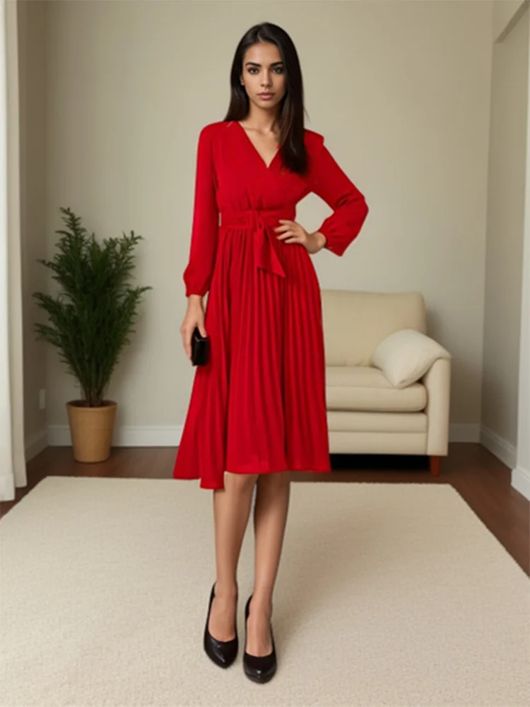 European and American Plus Size Sexy V-Neck Pleated Party Dress Women Elegant with Belt Long Sleeve Robe Femme Red Maxi Vestido