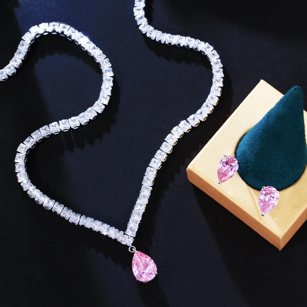 Pera Sweet Pink CZ Crystal Water Drop Pendant Wedding Necklace Earrings Sets for Women Clothing Party Jewelry Accessories J496