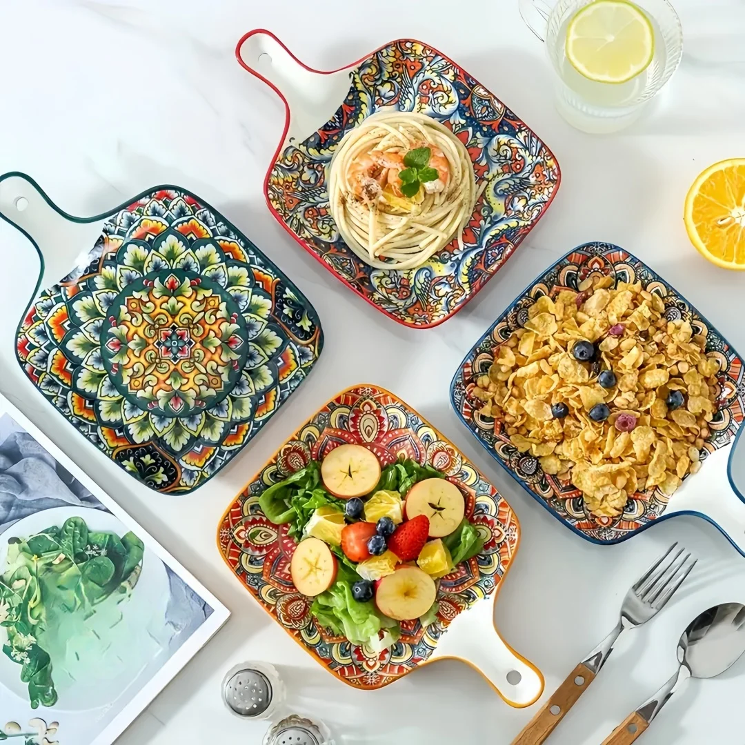 Bohemian handle square ceramic plate, creative household dish plate, Internet celebrity fruit pasta plate, high-value snack plat