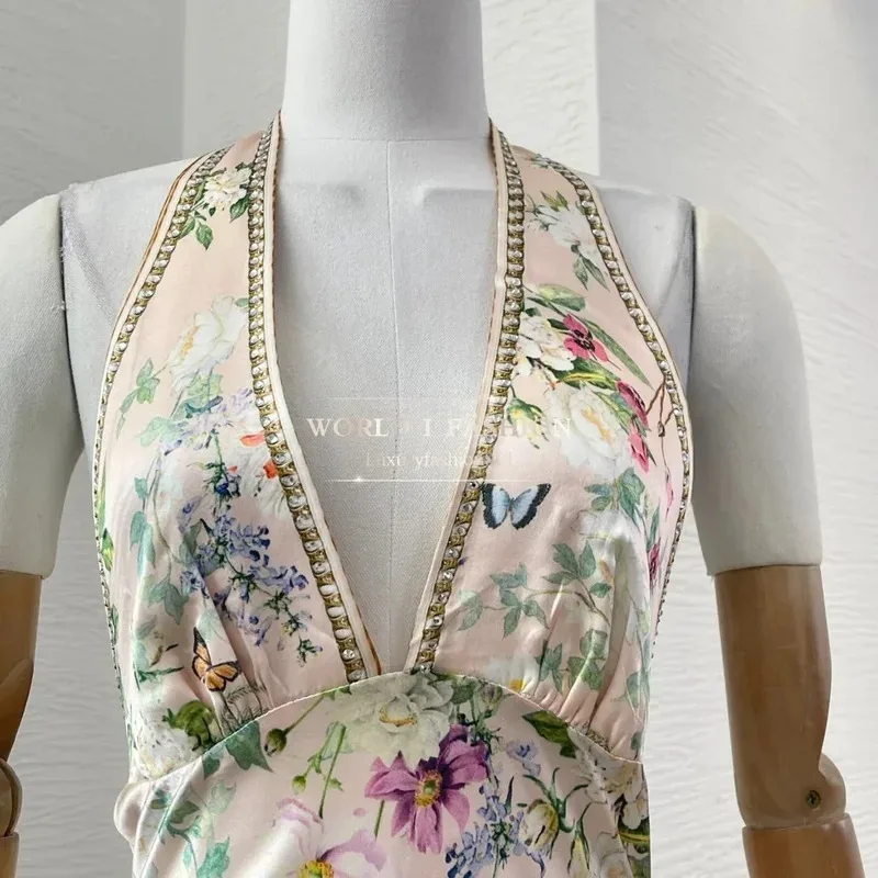 Vestido midi con dobladillo irregular y espalda descubierta con cuello en V profundo Seda sin mangas con estampado floral rosa de alta calidad