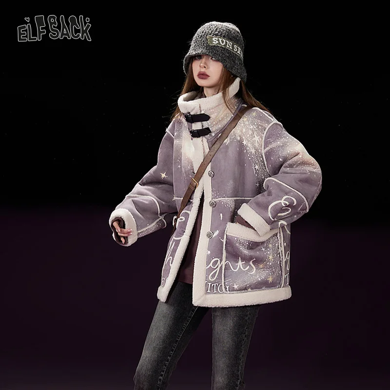 ELFSACK Imitate Chammy Cotton Coats Women 2023 Winter Printing Lapel Casual Warm Jackets