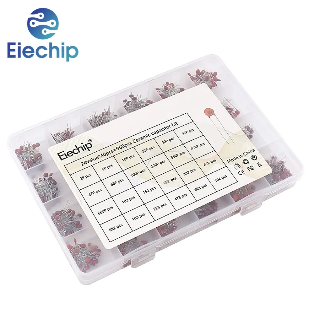 960PCS 24Values 2PF~0.1UF 100nf Ceramic Capacitor Kit, 50V Capacitor Assorted Kit Samples Diy Electronic Components Package