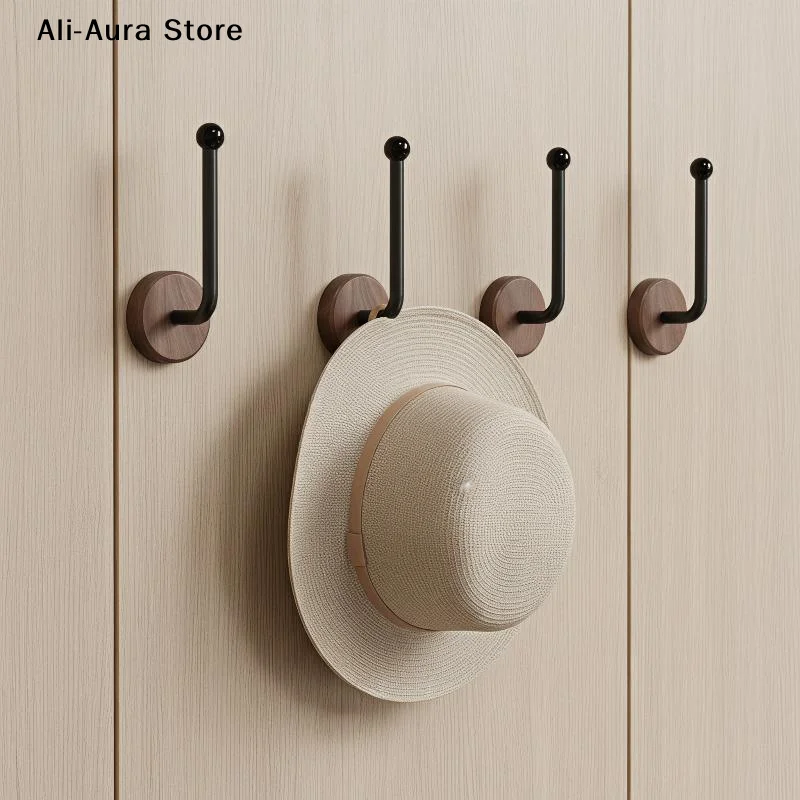1 Pack Walnut Wood Self Adhesive Wall Hooks Heavy Duty No Drill Design For Bathroom Bedroom Hanging Coats Towels Bags