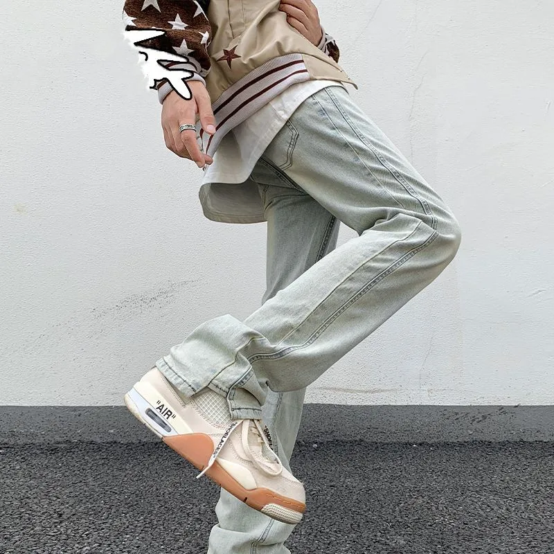 Men's Blue High Street Micro La Jeans Fashion Men's 2023 Autumn New American Ruffian and Handsome Slim Long Pants