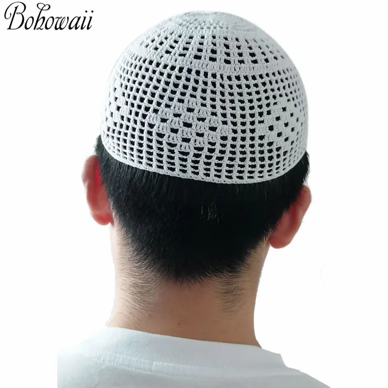 BOHOWAII Islam Homme Prayer Hats Breathable Kippa Bonnet Musulman Homme Cotton Skull Cap Crochet Beanie Kufi Muslim Caps for Men