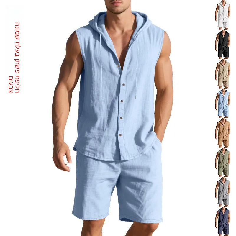 

Мужской летний комплект из льняной рубашки и шорт: повседневный, без подкладки, с капюшоном, без рукавов, для комфортной носки в теплую погоду