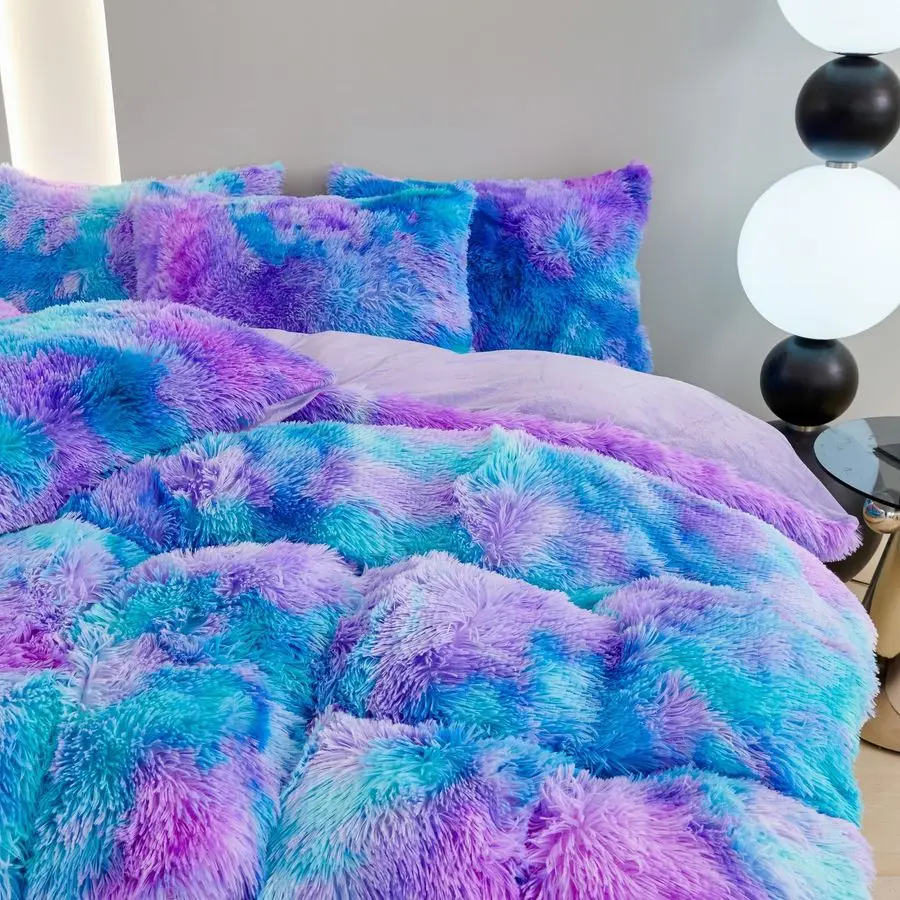

Shaggy Bedding Set for Girls Bluey Purple Tie Dye Faux Fur Duvet Cover Set Twin Size Fluffy Plush Velvet Comforter Cover Pillowc
