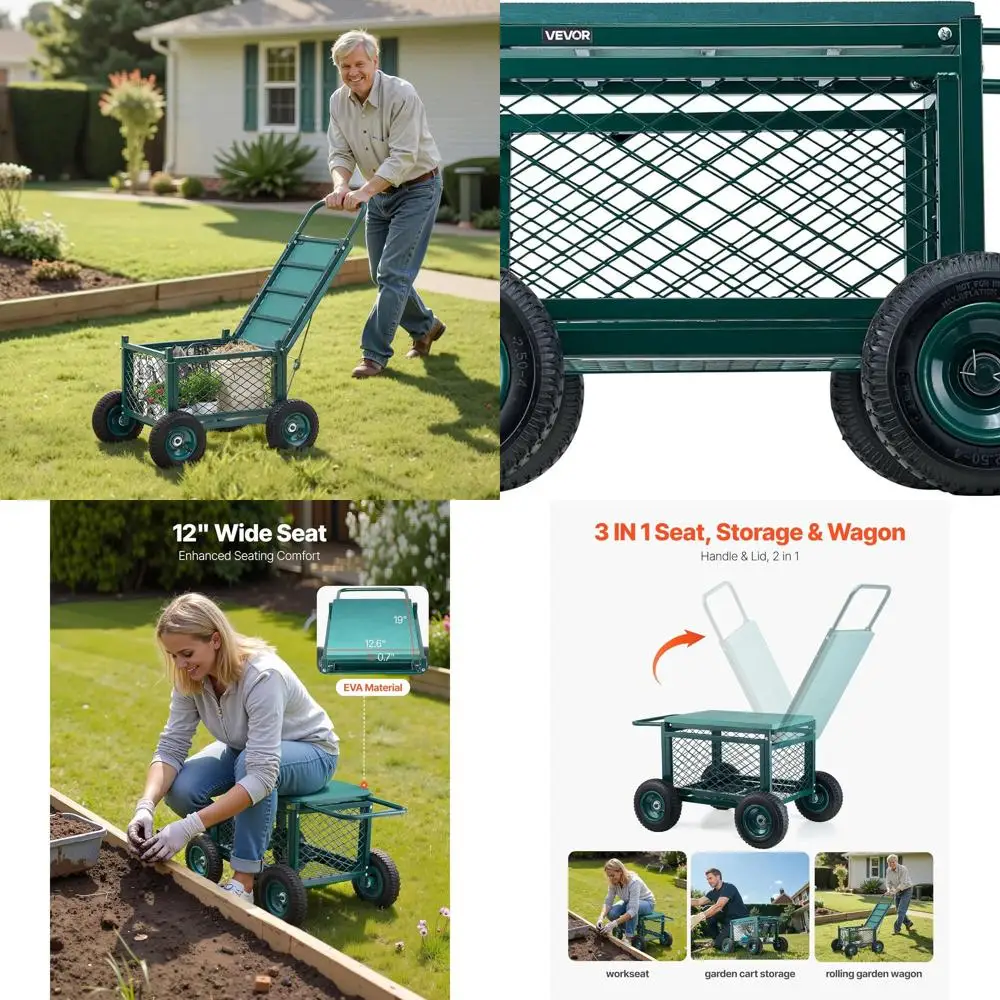 

Heavy-Duty Metal Garden Cart with Seat, 400 lbs Capacity, Rolling Outdoor Work Scooter and Wagon for Lawn Care