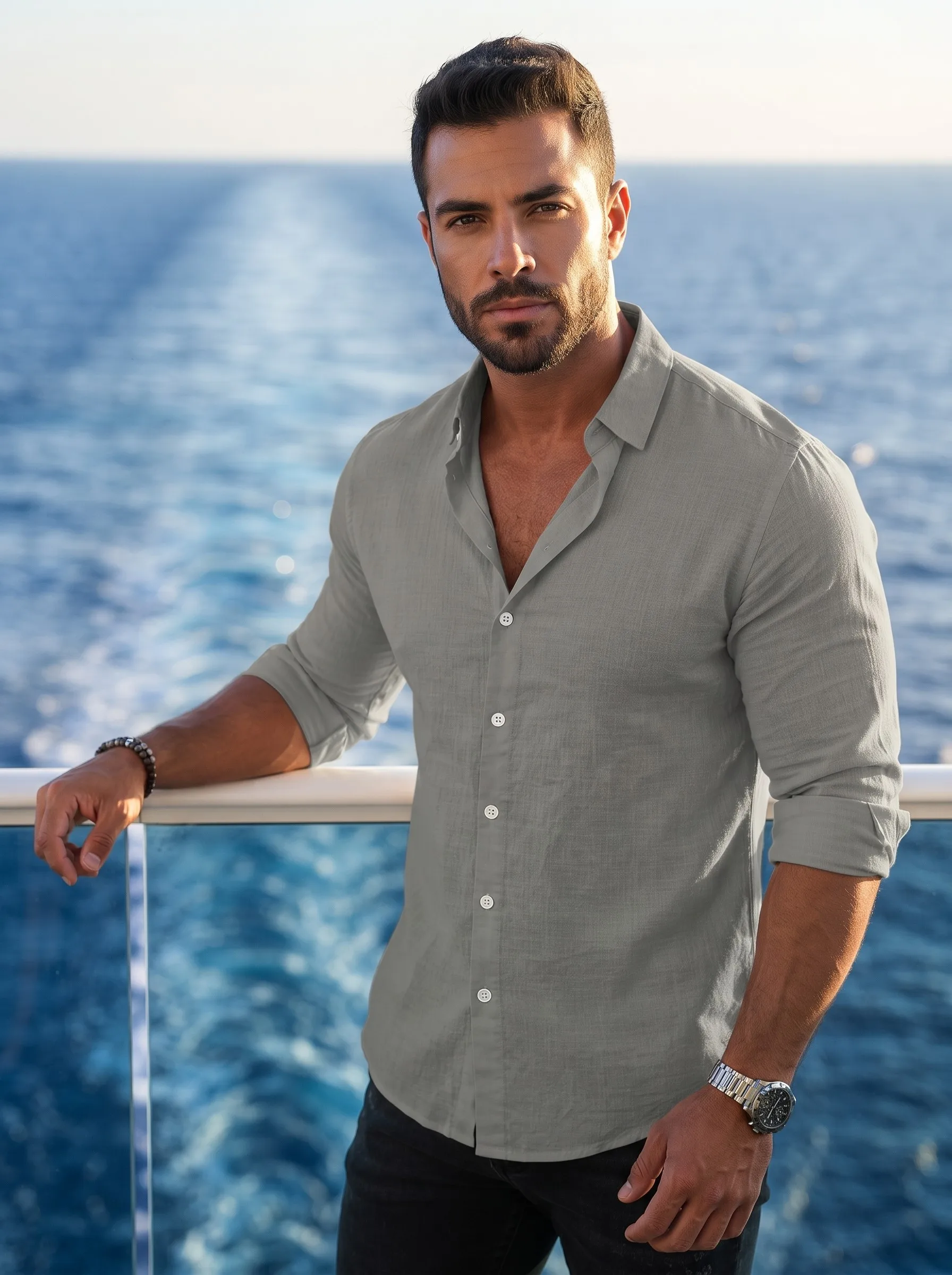 Mens Solid Cotton Long Sleeve Shirt Classic Collar Black Contrast Buttons Rollable Cuff Design Thin Summer Urban Daily Casual Slim Fit Shirt