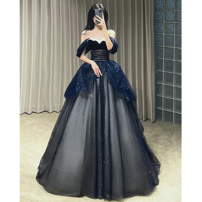 Customized Slash Collar Slim Waist Strapless Ball Gown Wedding Party Dress Elegant Temperament Prom Robe Aesthetic Bling Evening