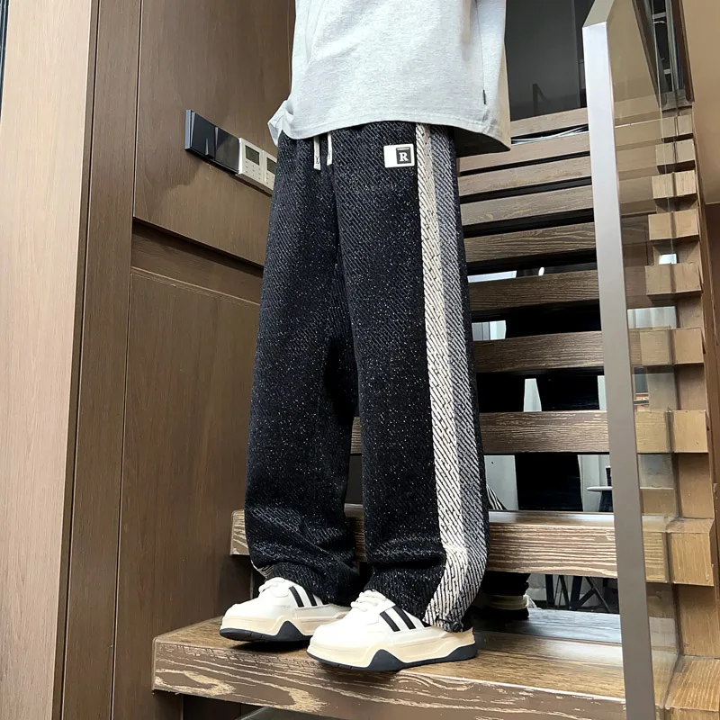 Fashion Men's Casual Pants Youth Drawstring Elastic Waist Chenille Joggers Sprin Autumn Outdoor Sports Loose Full-Length Trouser