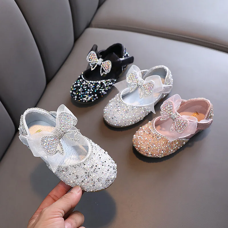 AINYFU New Children\'s Sequined Leather Shoes Girls Princess Rhinestone Bowknot Single Shoes 2024 Fashion Baby Kids Wedding Shoes