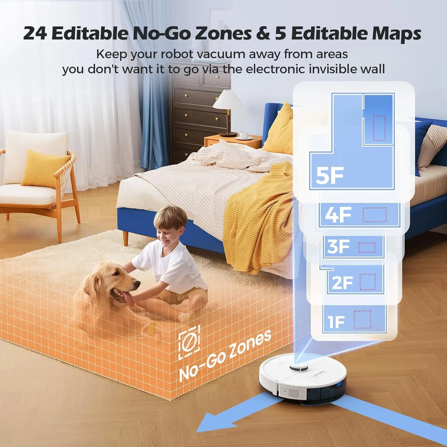 Combo robot aspirapolvere e scopa 3 in 1, robot aspirapolvere da 4500 Pa con mappatura, navigazione LiDAR, 5 mappe, 24 zone No-Go, WiFi/App/Alexa