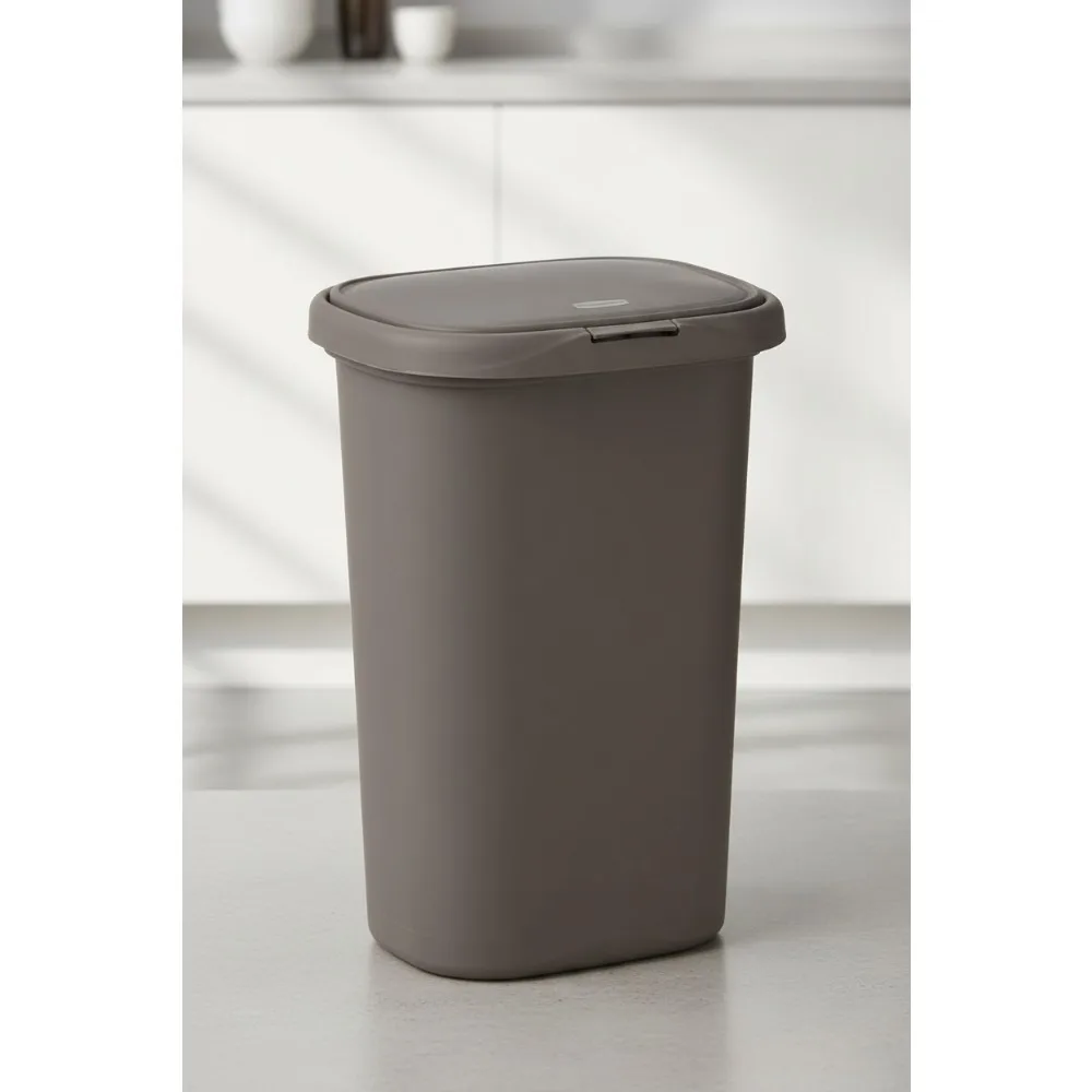 

13 Gallon Spring Top Trash Can with Lid, Gray Plastic Garbage Bin for Home Kitchen Office Garage Use