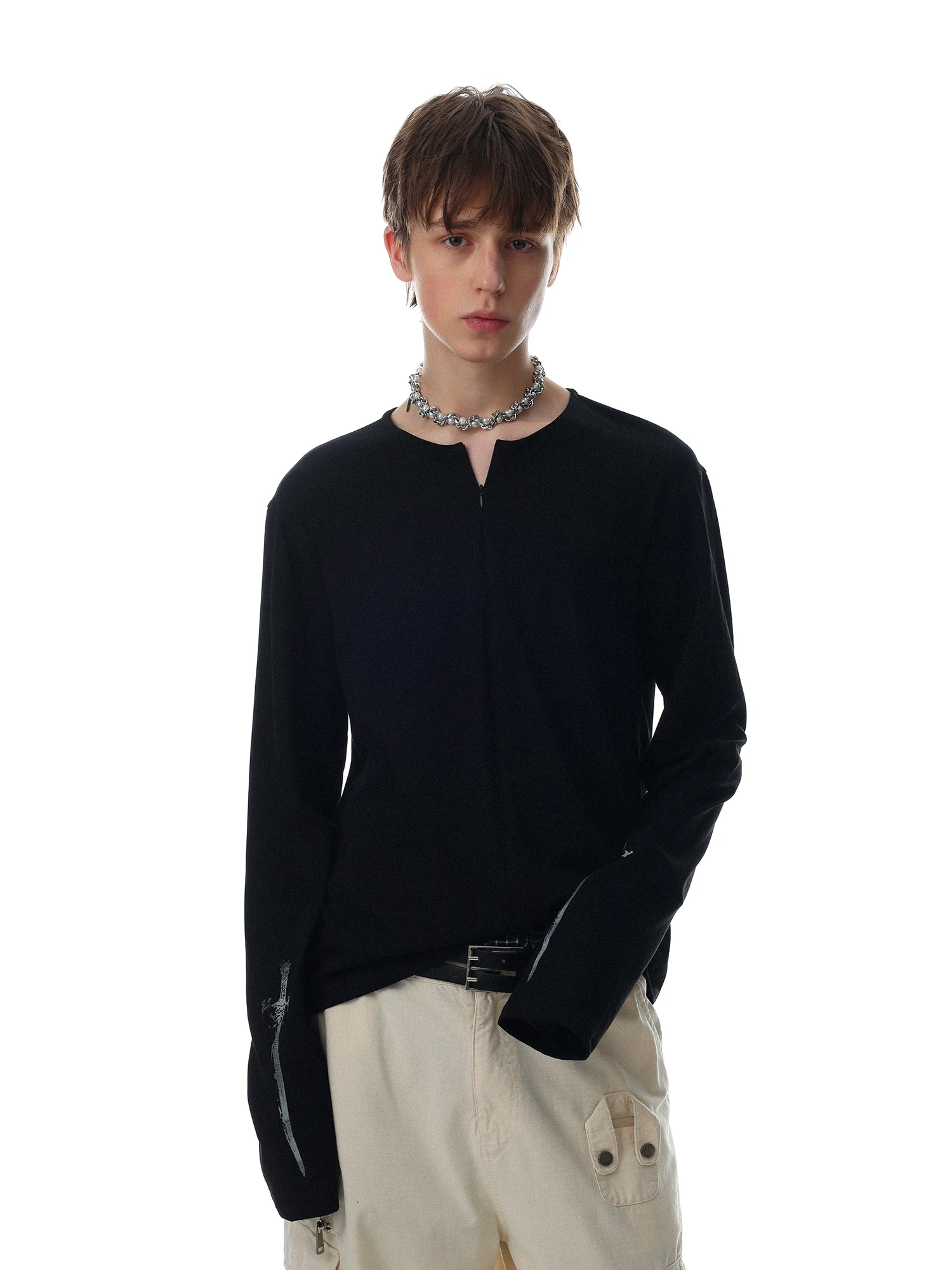Loose Fit Long Sleeve V-Neck T-Shirt Men's Casual Comfortable Printed Top American Style Simple Design Fashionable Brand