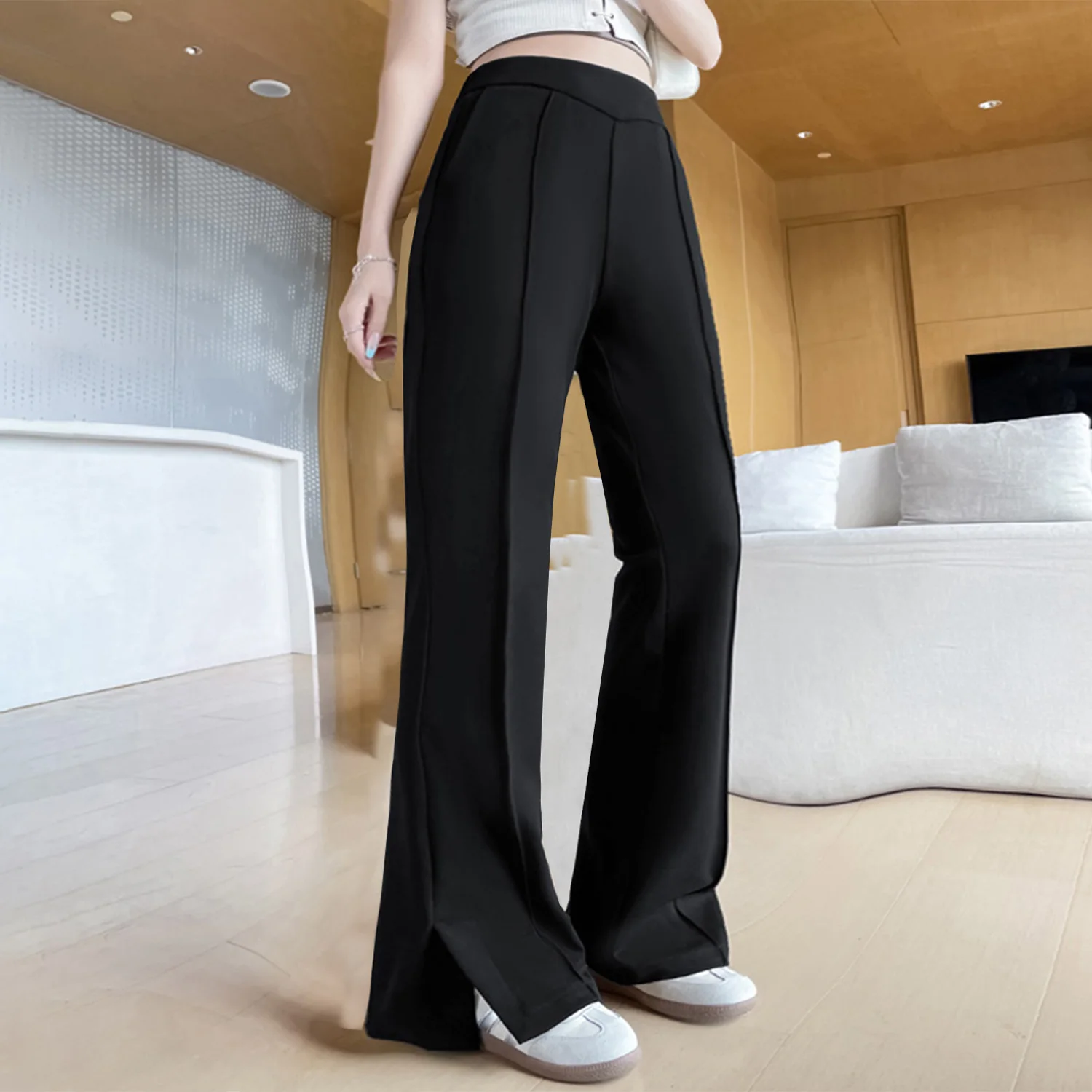 

Plus size, summer women's high waisted flared black pants 3521