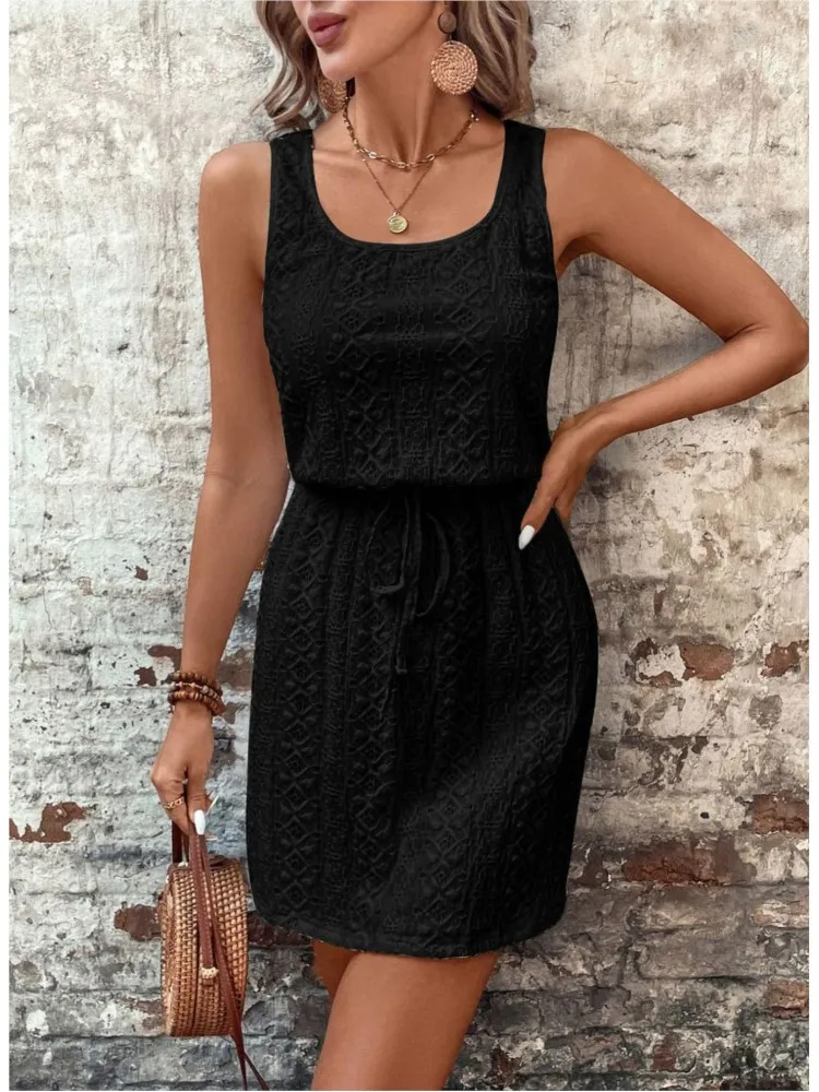 Summer Sleeveless Mini Dress Women Casual A-Line Drawstring Pocket Beach Holiday Dresses For Women Short Dress White Sundress