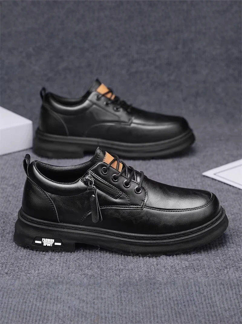 

Men's Low-Top Casual Leather Shoes Soft Bottom Black Boots Spring Autumn Wear Resistant round Toe Thick Bottom Style