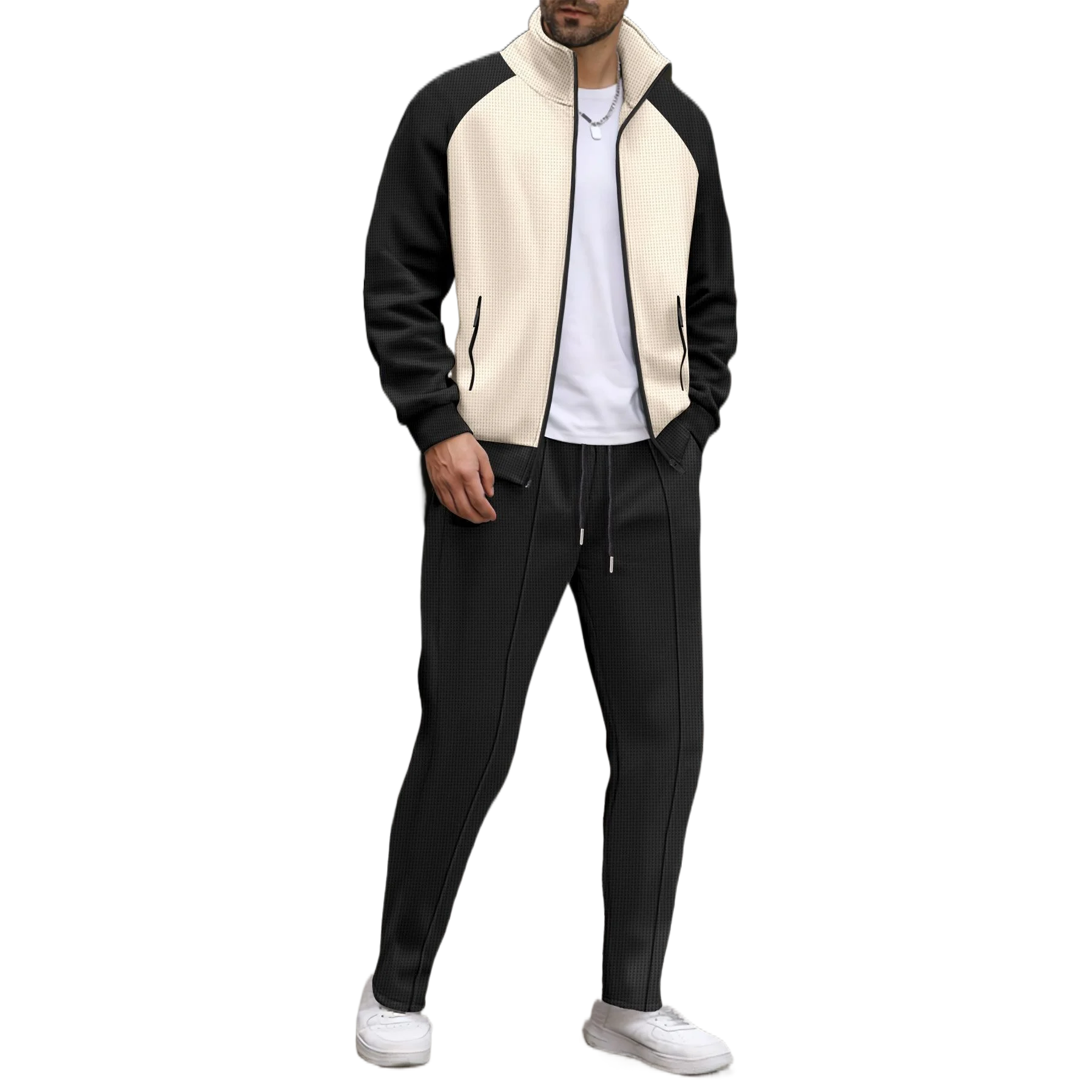 20225 Autumn New Style Waffle Color-block Pocket Zipper Stand-collar Long-sleeved Outerwear and Pants Set