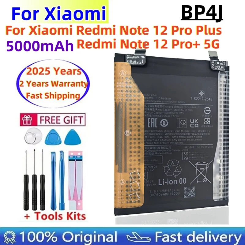 

2025 лет, 100% оригинальный аккумулятор BP4J, 5000 мАч для Xiaomi Redmi Note 12 Pro Plus/Note 12 Pro+ 5G, аккумуляторы для телефонов Batteria