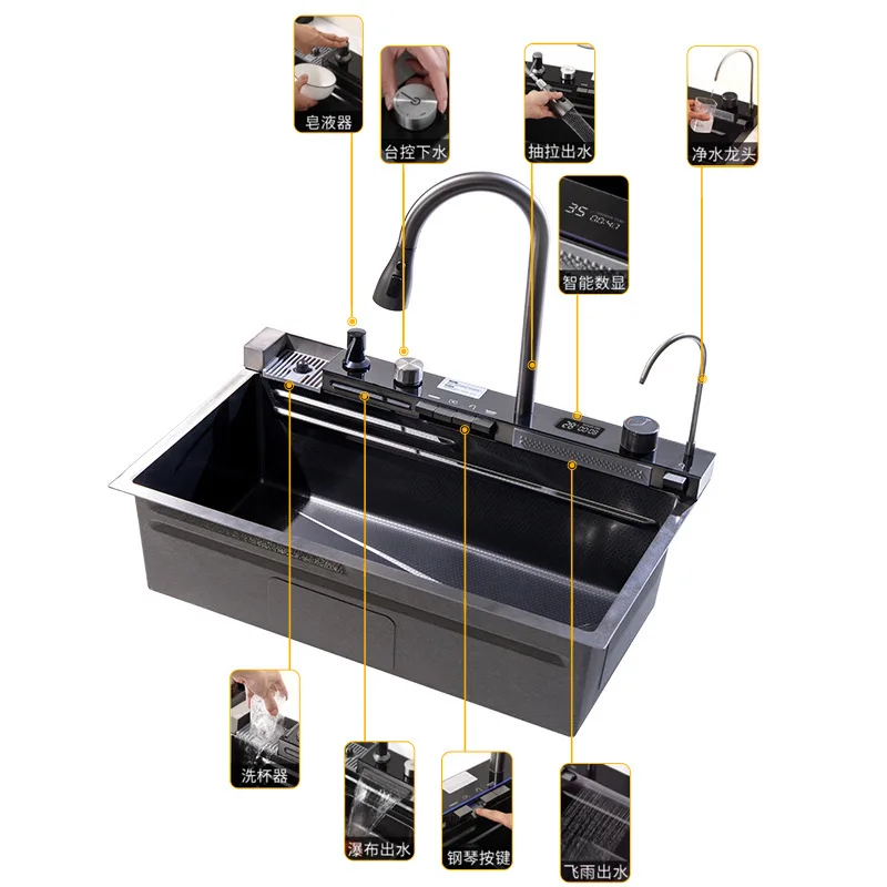 Waterfall water stainless steel large single multi-function digital display dishwasher kitchen household vegetable basin