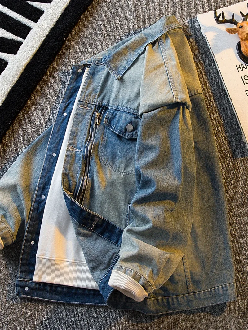 Retro American Style Men's Denim Jacket Autumn Spring Loose Fit Heavyweight Fashion Urban Casual Travel Outerwear Coat