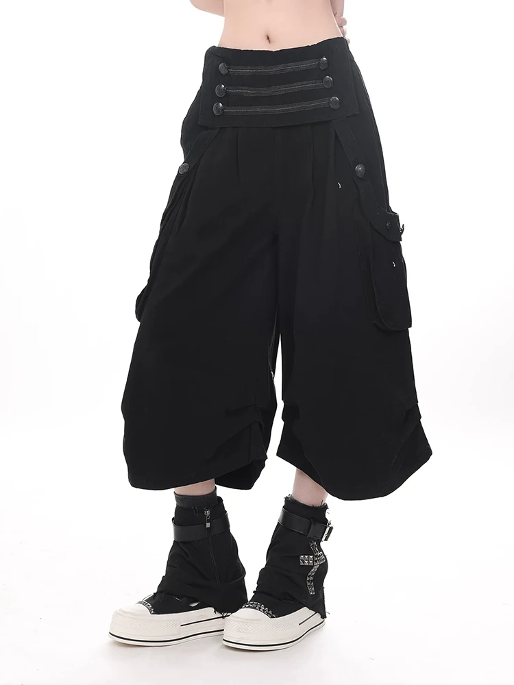 REDDACHiC Grunge Black Cargo Jeans Jorts Women Emo Button Decor Elastic Waist Pleat Denim Bermuda Pants Punk Alternative Clothes view 3