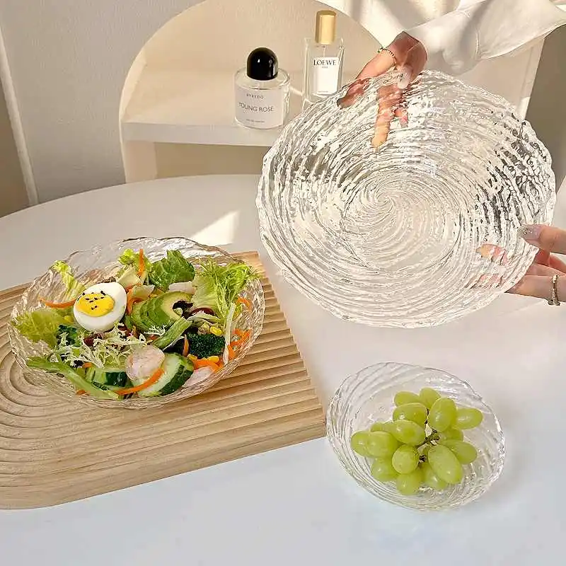 Irregular Ice Pattern Glass Bowl Fruit Tray Household Living Room Snacks Deep Dish Vegetable Salad Bowls Tableware