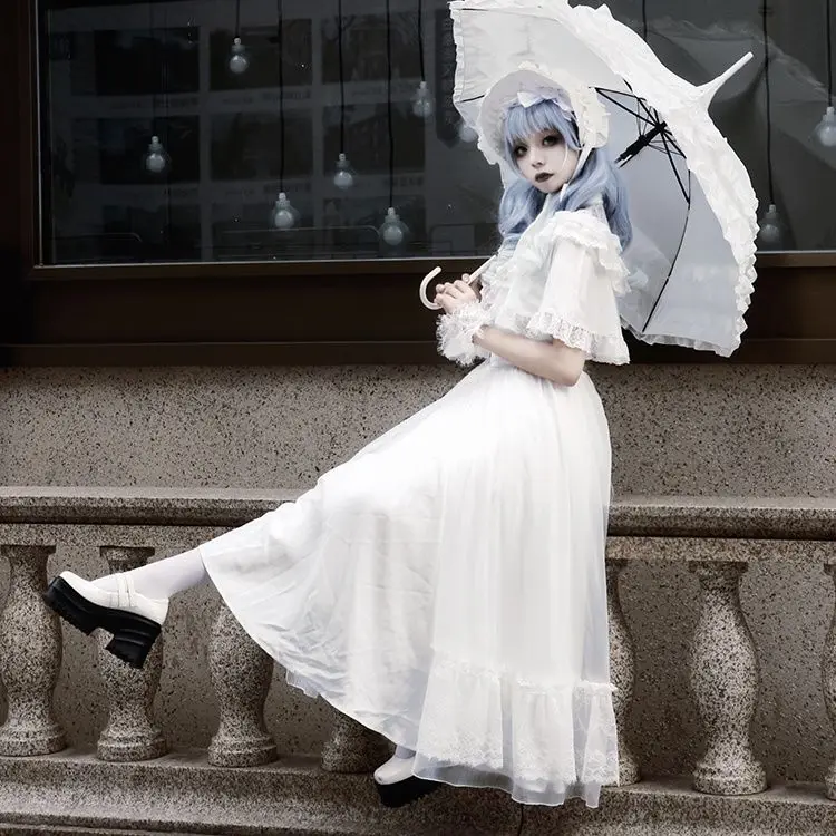 Lolita Vintage Princess Dress Courtly Vintage Op White Lace Hollow Pattern V-neck Hallowmas Long Dress Elegance