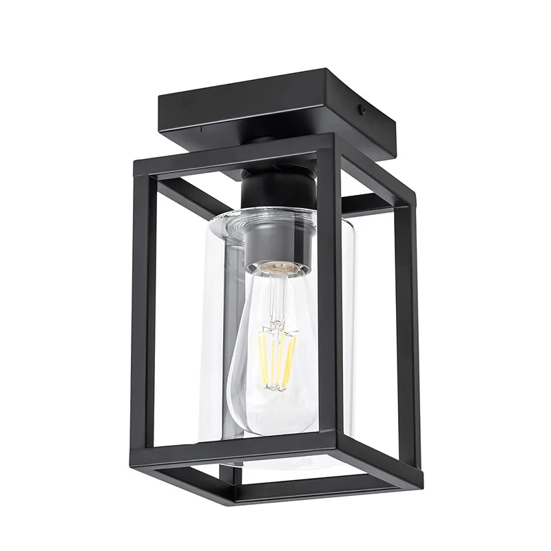 Simple Black Frame Wrought Iron Ceiling Light Country Bedroom Kitchen Study Small Ceiling Light Retro Aisle Corridor Glass Light