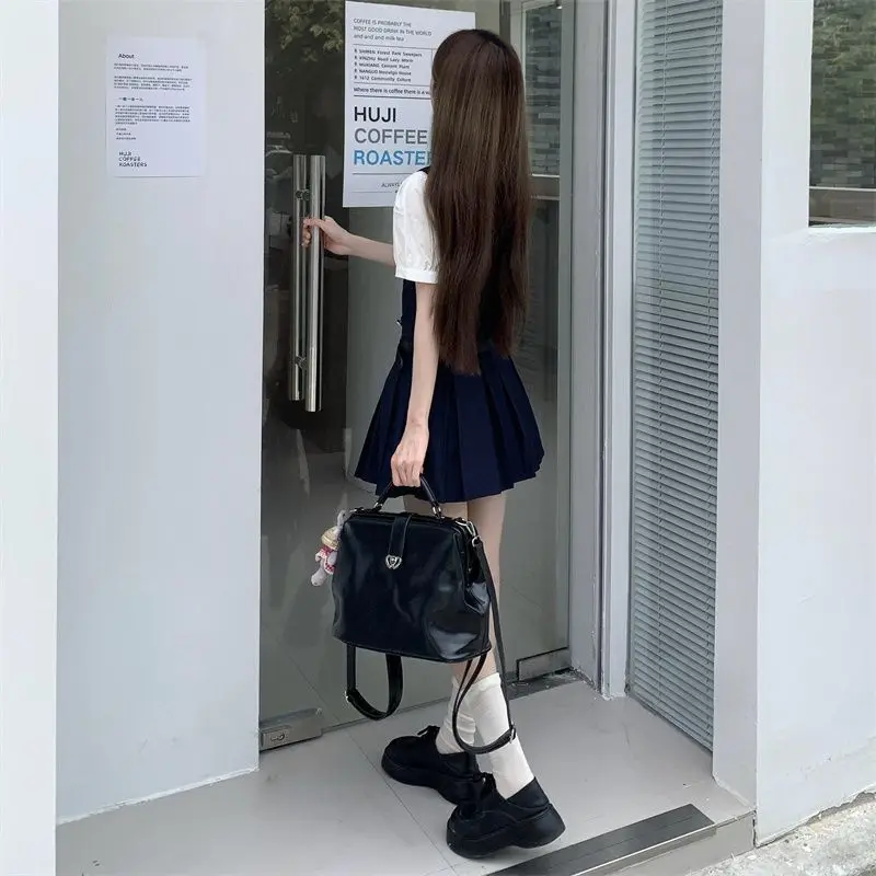 2025 جديد الصيف اليابانية الكورية Preppy الخصر مقصوص قصيرة الأكمام قميص المرأة لطيف Kawaii أكمام مطوي التنانير 2 قطعة مجموعة #3