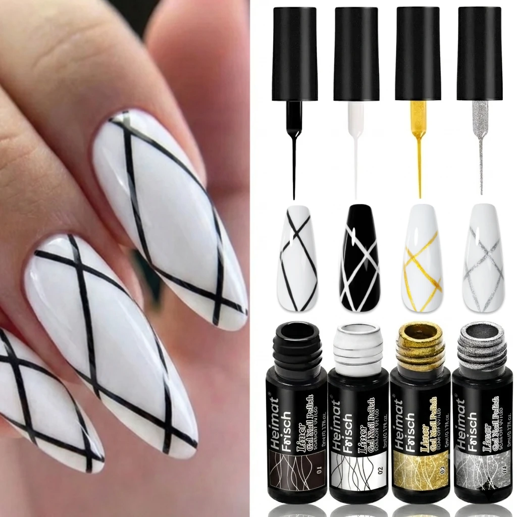 Heimat Frisch Paquete de 4 esmaltes de uñas en gel para arte lineal y manicuras francesas, 5 ml cada uno, perfecto para salones de uñas caseros DIY.