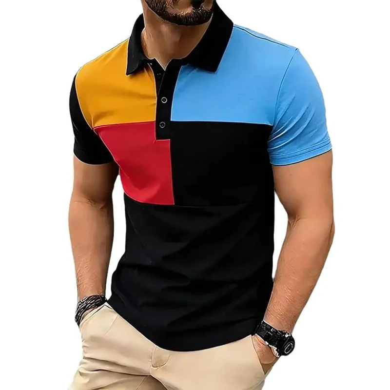 

Летние мужские поло с цветными вставками, короткий рукав, дышащие, повседневные, с контрастным воротником, уличный стиль, базовые топы