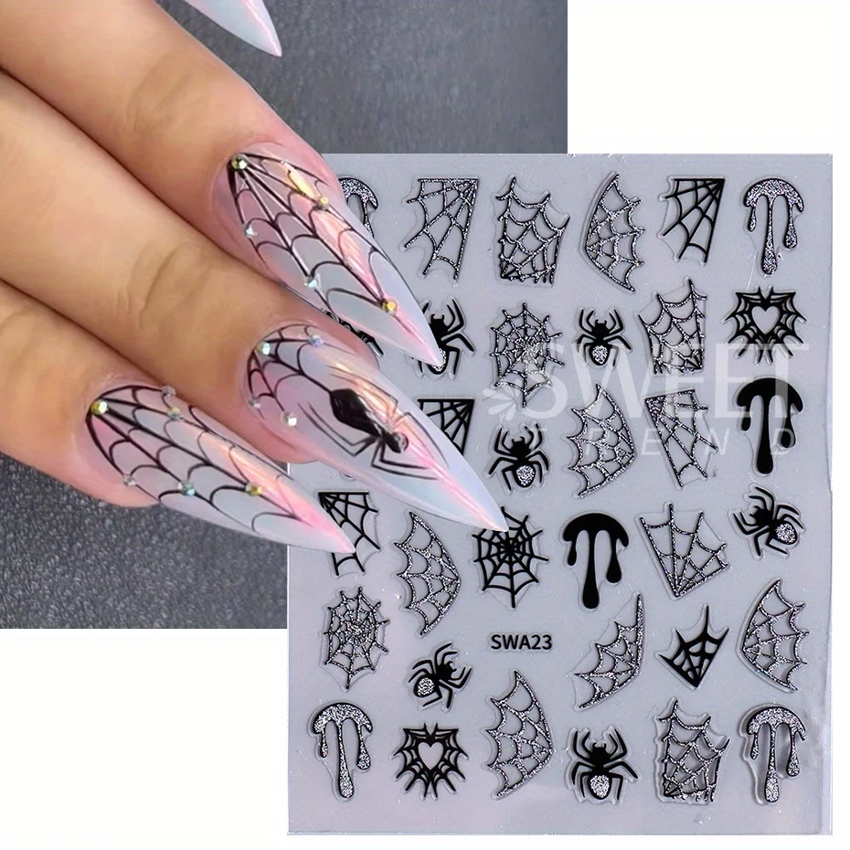 2pcs Holographic Halloween Nail Stickers Black Spider Web Bloody Heart Adhesive Decal Shiny Y2K Charm Foil Gothic Manicure Wraps