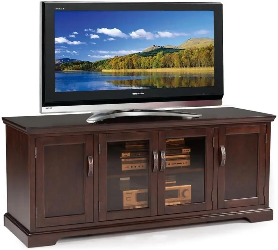 

Bronze Glass 60" TV Stand in Chocolate Cherry Constructed of Solid Wood and Wood Veneers 60in Tv Entertainment Center