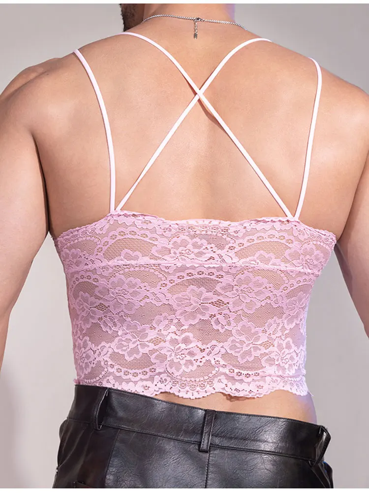 Men's Lace Transparent Vest Sexy Sissy Tank Tops Breathable Fashion Spaghetti Strap Crop Tops Man Backless Shaping Clothing