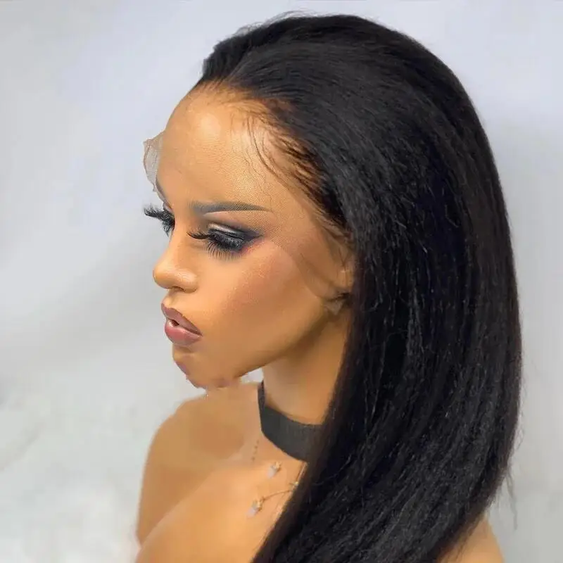 Lange, verworrene, gerade Yaki-Perücke, weich, 66 cm, 180 Dichte, natürliches Schwarz, tiefe Spitze vorne, für Damen, Babyhaar, ohne Kleber, vorgezupft, täglich
