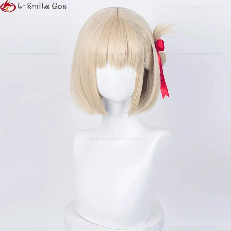 

Парик для косплея аниме Nishikigi Chisato, 30 см, короткие светло-золотистые термостойкие парики из синтетических волос, лента + шапочка для парика